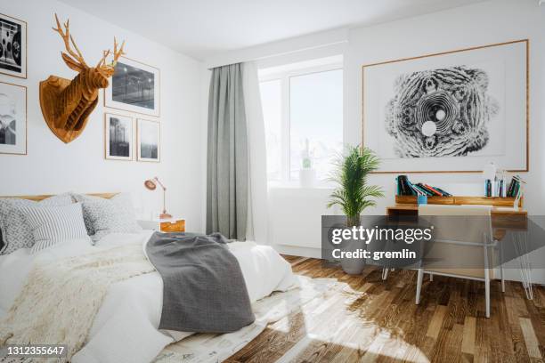 scandinavian bedroom - minimalist bedroom desk stock pictures, royalty-free photos & images