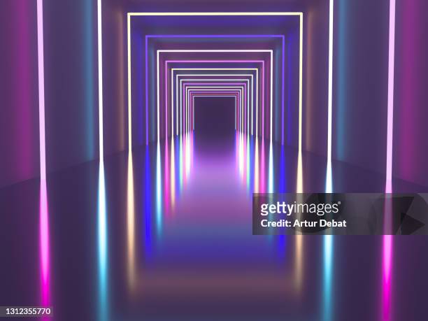 digital render of colorful corridor with neon lights and nice diminishing perspective. - surexposition effet visuel photos et images de collection