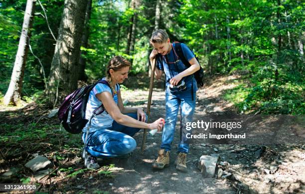 mother applying tick repellent on her son in forest - repelente imagens e fotografias de stock