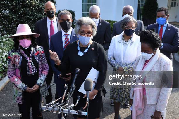 Congressional Black Caucus Chair Rep. Joyce Beatty talks to reporters with fellow caucus members following a meeting with U.S. President Joe Biden...