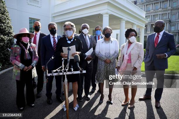 Congressional Black Caucus Chair Rep. Joyce Beatty talks to reporters with fellow caucus members following a meeting with U.S. President Joe Biden...