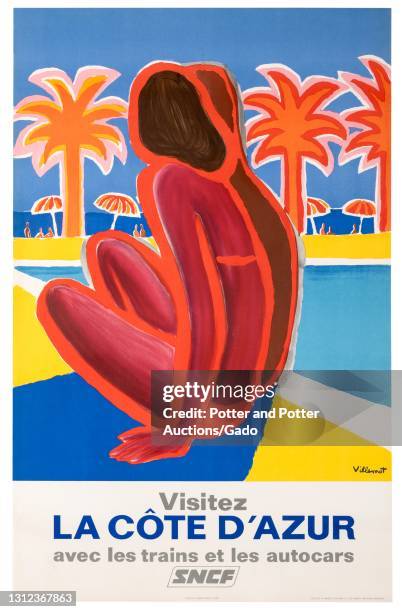 "La Cote D'Azur" travel poster featuring a woman sitting by a pool, with palm trees, beach umbrellas, and ocean beyond, illustrated by Bernard...