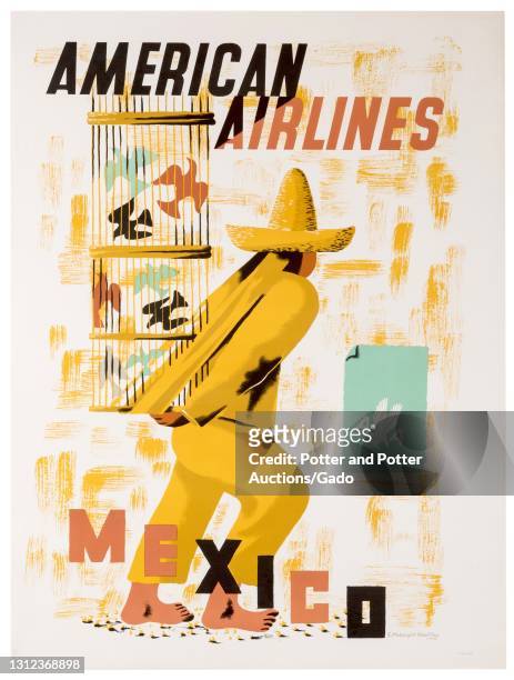 "Mexico" travel poster depicting a barefoot man wearing a sombrero and carrying birdcages on his back, illustrated by Edward McKnight Kauffer for...