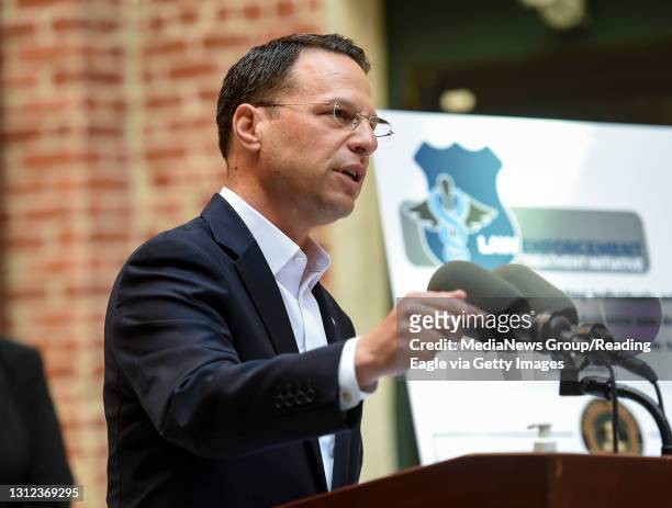 Reading, PA Pennsylvania Attorney General Josh Shapiro speiaks during the press conference. At the Council on Chemical Abuse RISE Center in Reading,...