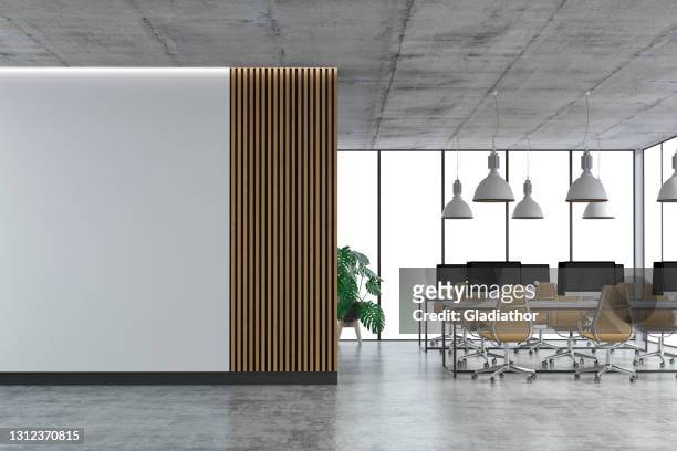 empty office interior with copy space and wordesks on concrete floor - wood ceiling stock pictures, royalty-free photos & images