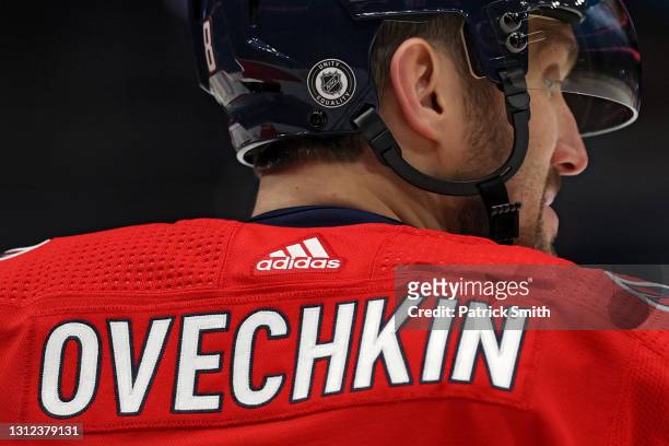 Alex Ovechkin of the Washington Capitals looks on against the Philadelphia Flyers during the first period at Capital One Arena on April 13, 2021 in...