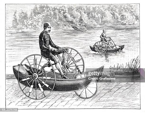 ilustraciones, imágenes clip art, dibujos animados e iconos de stock de hombre montando triciclo anfibio 1893 - 1893