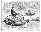 Man riding amphibious tricycle 1893