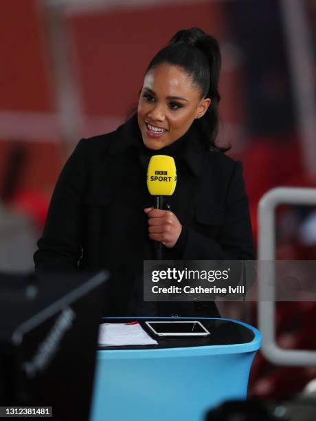 Presenter and former football player Alex Scott during the International Friendly match between England and Canada at Bet365 Stadium on April 13,...