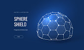 Dome shield geometric vector illustration on a blue background. Geometric translucent shield futuristic for protection in an abstract glowing style