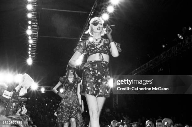 Nadja Auermann on the runway at Anna Sui fashion show in the mid 1990s in New York City, New York.