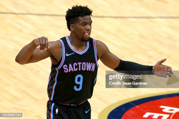 Terence Davis of the Sacramento Kings reacts during the second quarter of an NBA game against the New Orleans Pelicans at Smoothie King Center on...