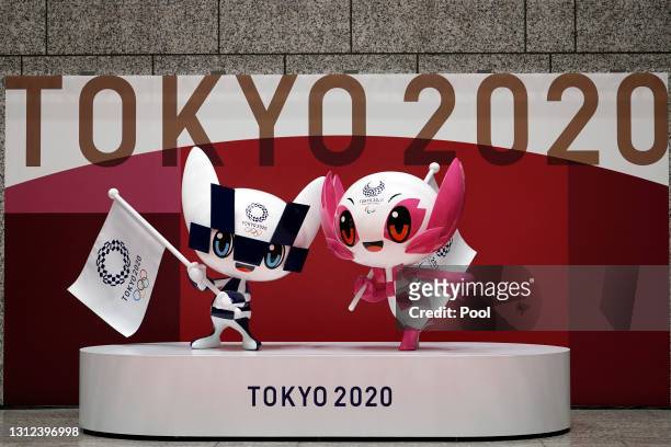 The unveiled statues of Miraitowa and Someity, officials mascots for the Tokyo 2020 Olympics and Paralympics, are seen to mark 100 days before the...