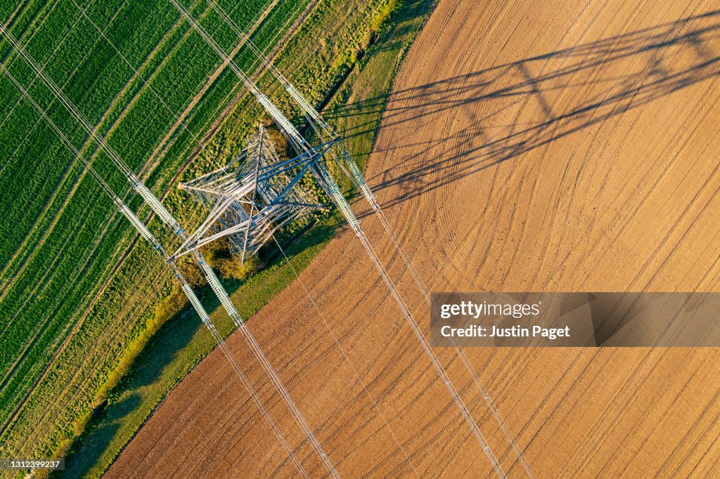 Drone view of electricity pylon