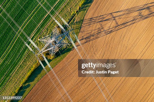 Drone view of electricity pylon Drone view of electricity pylon