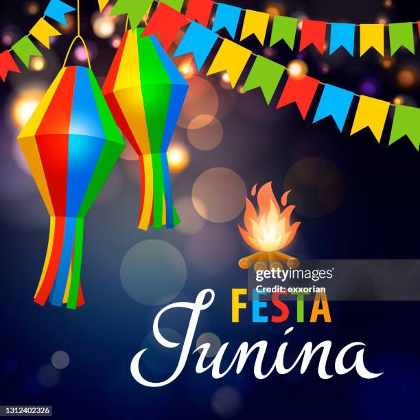 stockillustraties, clipart, cartoons en iconen met junina decoratie &amp; bonfire party - lampion verlichting