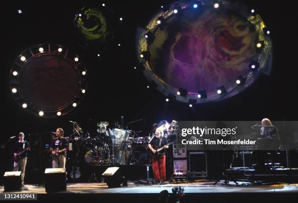 Phil Lesh, Mickey Hart, Bill Kruetzmann, Bob Weir, Jerry Garcia, and Vince Welnick of the Grateful Dead perform at Shoreline Amphitheatre on June 2,...