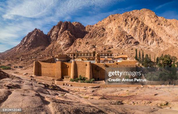 saint catherine's monastery at mount sinai at sunrise. egypt - sinai egypt stockfoto's en -beelden