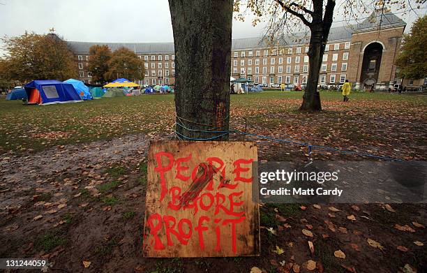 Anti-capitalist protest signs are seen at the Occupy Bristol protest camp on November 3, 2011 in Bristol, England. The demonstrators, inspired by the...