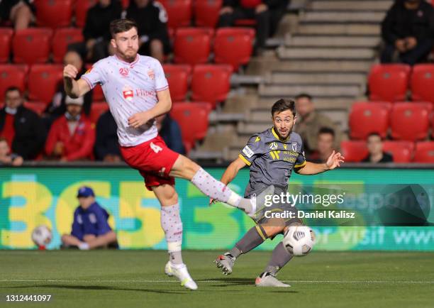 Thomas Oar of Macarthur FC kicks the ball during the A-League match between Adelaide United and Macarthur FC at Coopers Stadium, on April 14 in...