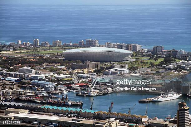 An aerial view of The Cape Town Stadium on September 16, 2011 in Cape Town. The stadium is connected to the waterfront by a new road connection,...