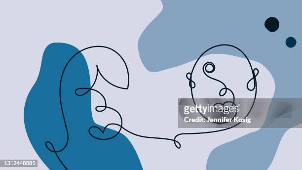 line art illustration of two people with blue abstract background - one line drawing abstract line art stock illustrations