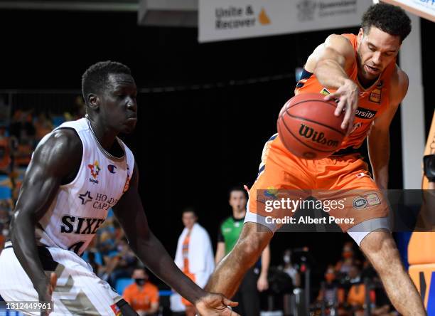 Tad Dufelmeier of the Taipansgets the ball during the round 14 NBL match between the Cairns Taipans and the Adelaide 36ers at Cairns Pop Up Arena, on...