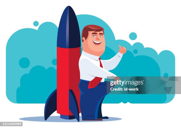 ロケットの横に立ち、親指をジェスチャーするビジネスマン - 勃起障害点のイラスト素材／クリップアート素材／マンガ素材／アイコン素材