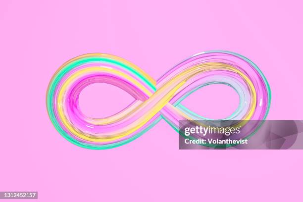 pink and yellow unicorn infinite symbol on candy texture 3d object on red background with copy space - eternity stock pictures, royalty-free photos & images