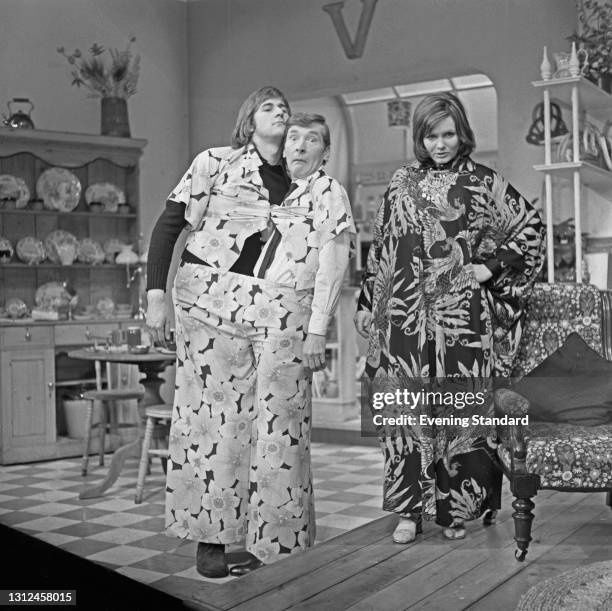 From left to right, actors John Harding, Kenneth Williams and Jenny Linden star in the comedy 'My Fat Friend' by Charles Laurence at the Globe...