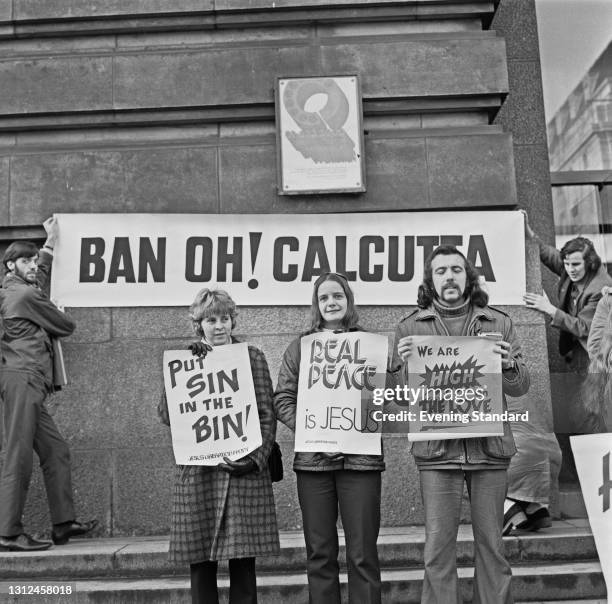 Christian group protest against theatrical revue Oh! Calcutta!, in an attempt to have it banned from the stage in London, UK, 1st January 1973....