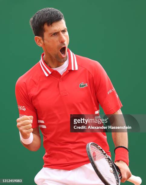 Novak Djokovic of Serbia celebrates a point during their Round 32 match against Jannik Sinner of Italy during day four of the Rolex Monte-Carlo...