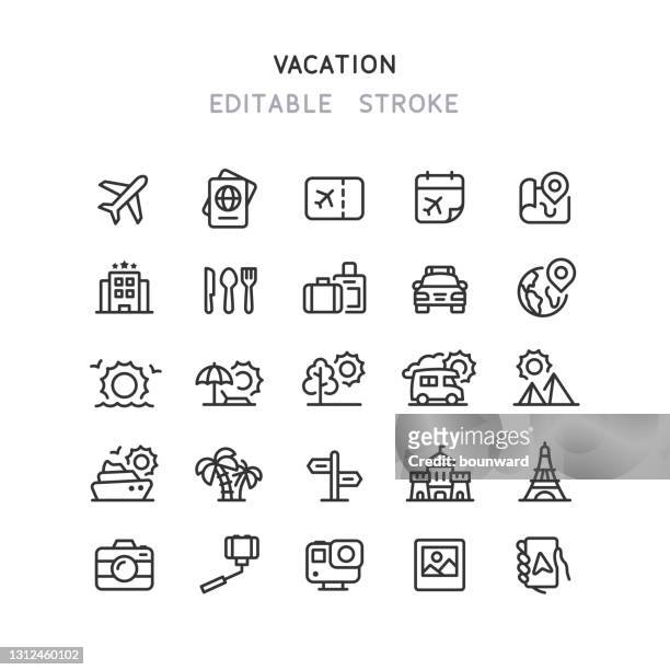 ilustraciones, imágenes clip art, dibujos animados e iconos de stock de iconos de viaje y línea de vacaciones trazo editable - journey