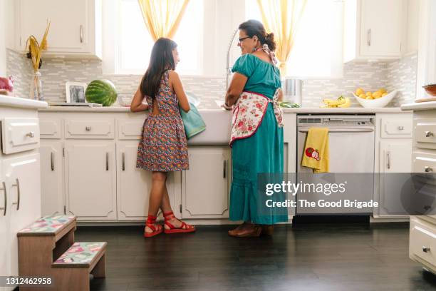 grandmother and granddaughter talking at kitchen sink - preparing food talking stock pictures, royalty-free photos & images