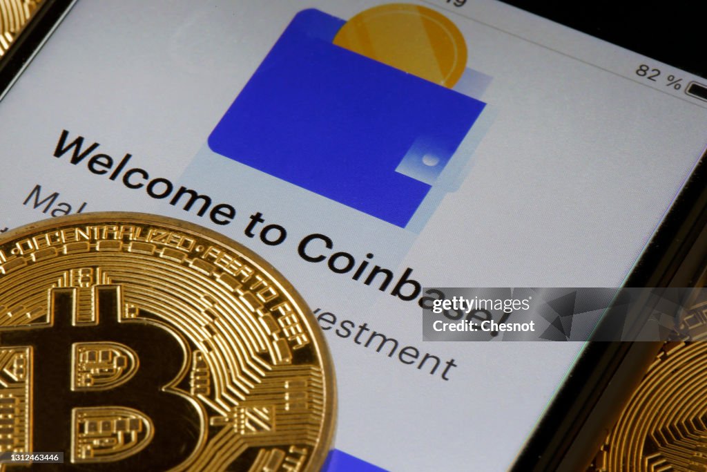 Coinbase Cryptocurrency Exchange Website And Novelty Coins : Illustration