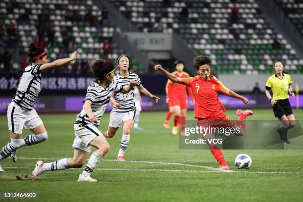 Wang Shuang of China shoots the ball during the Tokyo Olympics Women's Football Asian Final Qualifier 2nd leg match between China and South Korea at...