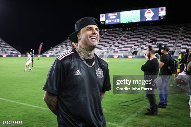 Nicky Jam celebrates winning 3-1 at the NEON16 & La Industria Inc. Present: NEON Cup, A Celebrity Fútbol Match at Inter Miami CF Stadium on April 13,...