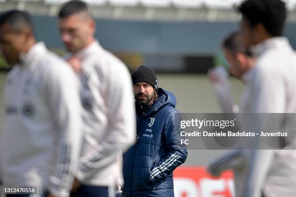 Juventus coach Andrea Pirlo during a training session at JTC on April 14, 2021 in Turin, Italy.