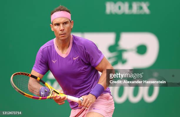 Rafael Nadal of Spain looks on during their Round 32 match against Federico Delbonis of Argentina during day four of the Rolex Monte-Carlo Masters at...