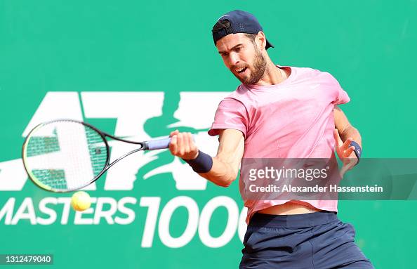 Karen Khachanov of Russia plays a forehand shot during their Round 32 ...