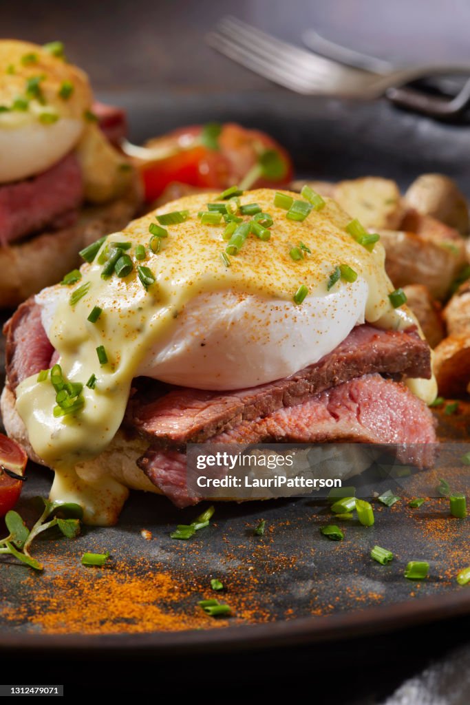 Medium Rare Steak Benedict on Toasted English Muffin