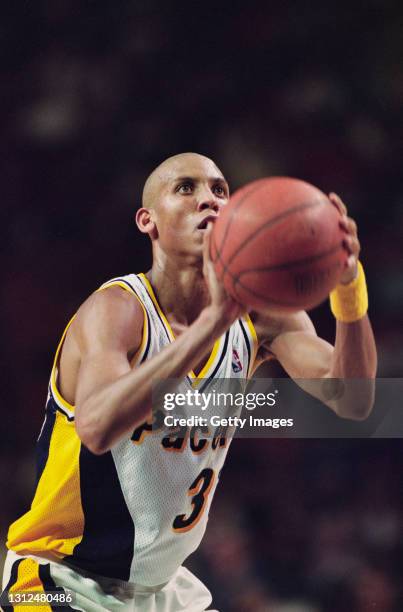 Reggie Miller#31, Shooting Guard for the Indiana Pacers prepares to shoot a free throw during the NBA Central Division basketball game against the...