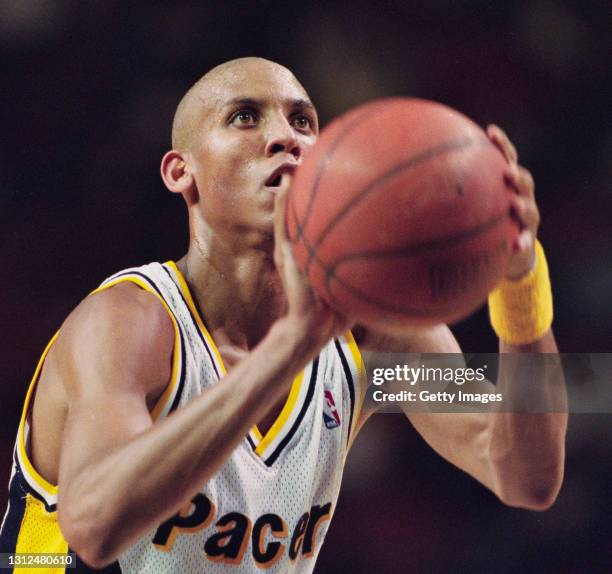 Reggie Miller#31, Shooting Guard for the Indiana Pacers prepares to shoot a free throw during the NBA Central Division basketball game against the...