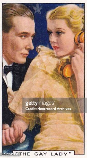 Collectible tobacco or cigarette card, 'Shots from Famous Films' series, published in 1936 by Gallaher Ltd, here actors Douglass Montgomery and Anita...