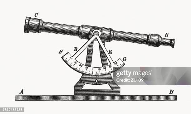 plane table with telescopic alidade, wood engraving, published in 1893 - protractor stock illustrations