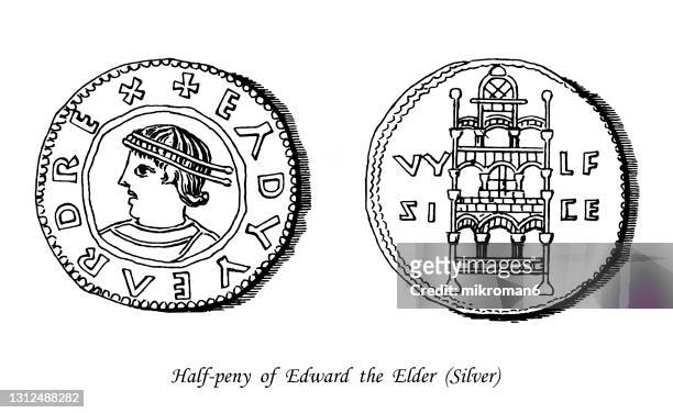 old engraved illustration of numismatics, anglo-saxon silver half-penny of edward the elder - angelsächsisch stock-fotos und bilder