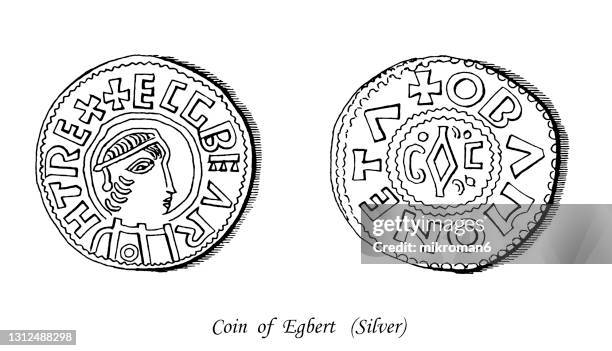 old engraved illustration of numismatics, silver anglo-saxon coin of egbert of wessex - angelsächsisch stock-fotos und bilder