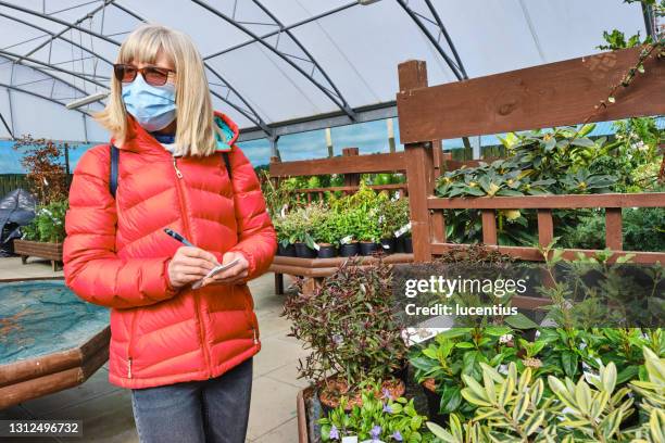 woman browsing plants at a garden center - garden nursery display stock pictures, royalty-free photos & images