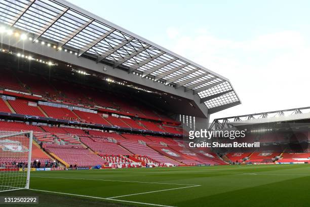 General view inside the stadium prior to the UEFA Champions League Quarter Final Second Leg match between Liverpool FC and Real Madrid at Anfield on...
