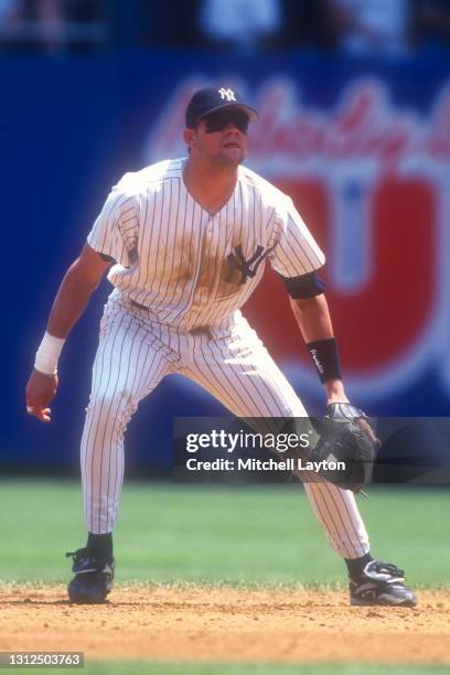 Andy Fox of the New York Yankees in position during a baseball game against the Cleveland Indians on June 16, 1996 at Yankee Stadium in New York City.